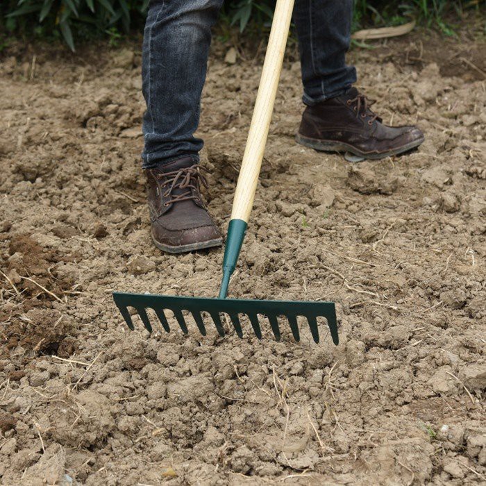 wooden handle garden rake